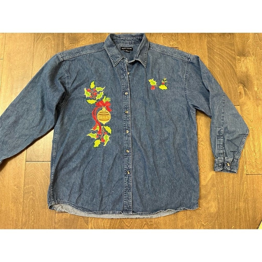 Sierra Pacific Denim Shirt XL‎ Christmas Embroidered Vintage Long Sleeve